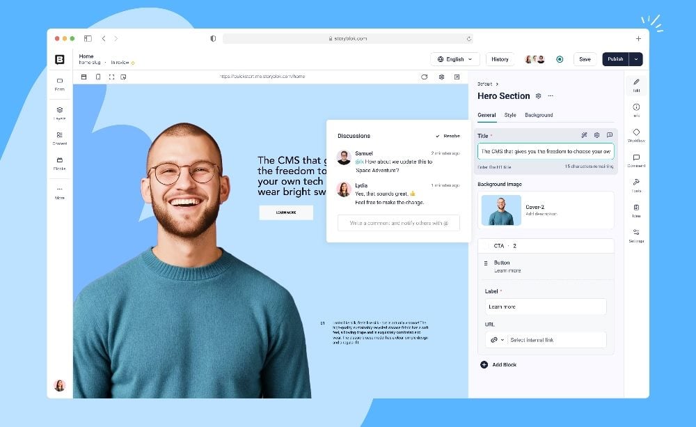 A screenshot of Storyblok’s visual editor interface showing a webpage being edited, including collaborative comments, content fields and design controls alongside a hero image of a smiling man in a blue sweater.
