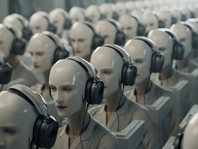 Scene with humanoid robots operators working in call center, in an image generated with AI.