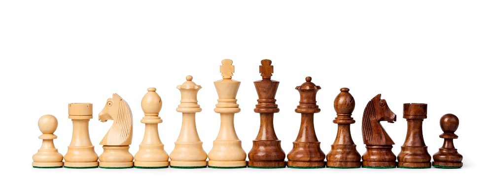 Chess pieces lined up with light colored wood pieces on the left and dark colored wood pieces on the right.