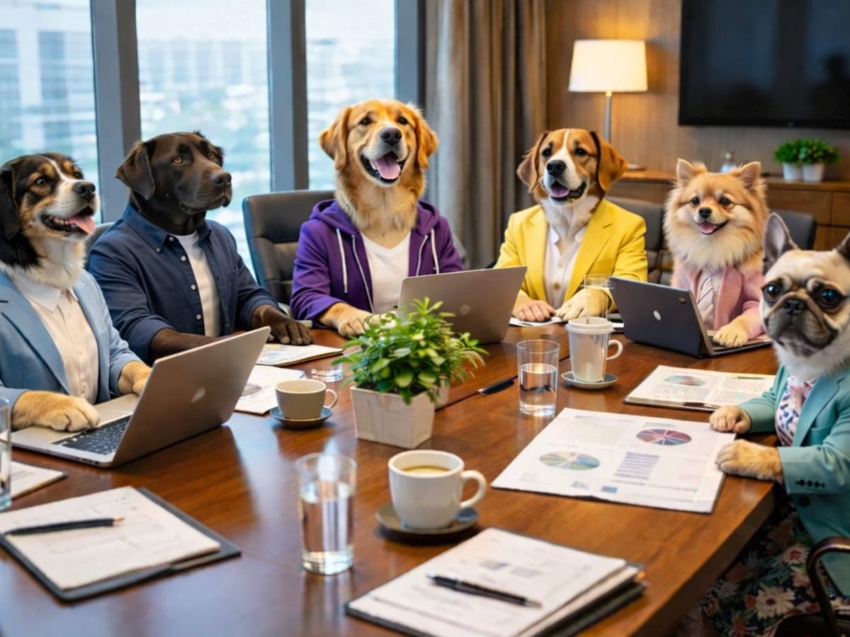 Six dogs of different breeds sit around a modern conference table in a glass-walled office, dressed in a mix of colorful women’s blazers and tech-startup style outfits like hoodies and casual jackets, using their paws to interact with laptops, papers and coffee cups during a boardroom meeting.