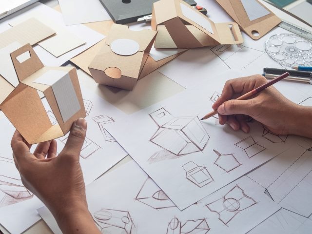Designer, just showing their hands, sketching a design in one hand while holding brown craft cardboard paper in the other. 