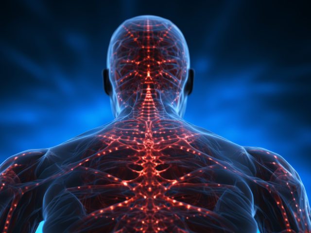 A translucent body with glowing vertebrae