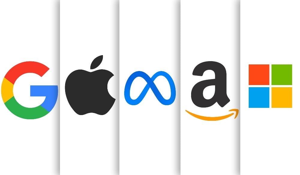 Logos for Google, Apple, Meta, Amazon and Microsoft against a lined white background in piece about Big Tech cuts and numbers.