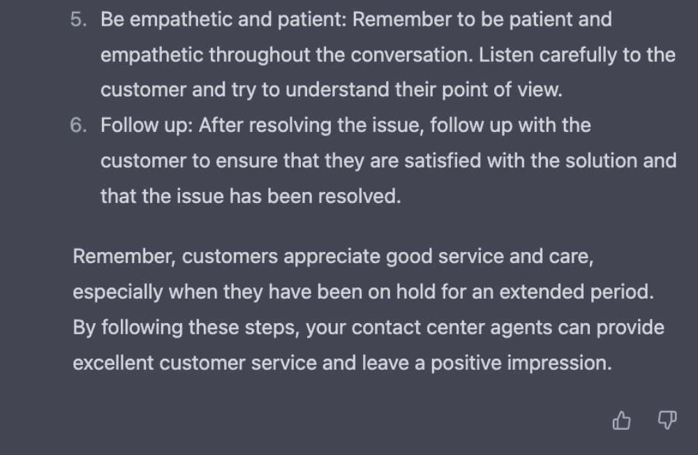 Screenshot of ChatGPT-3.5 response to a customer experience question