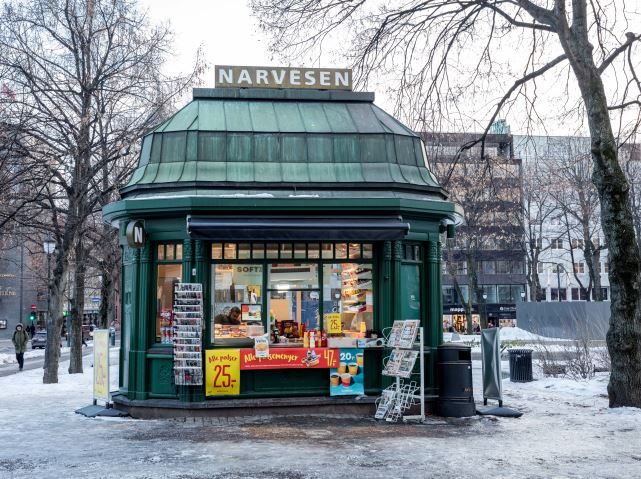 The old Narvesen newsstand shop in Eidsvollsplass, Karl Johans street in Oslo, built in 1914