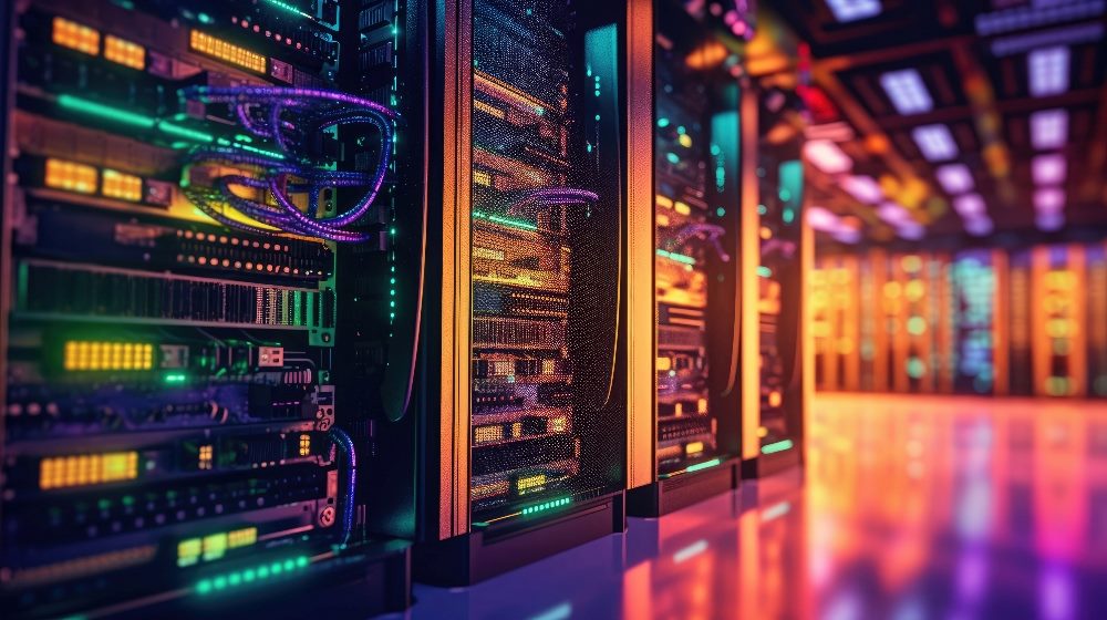 A colorfully lit data center server room in piece about data centers and pollution and greed.