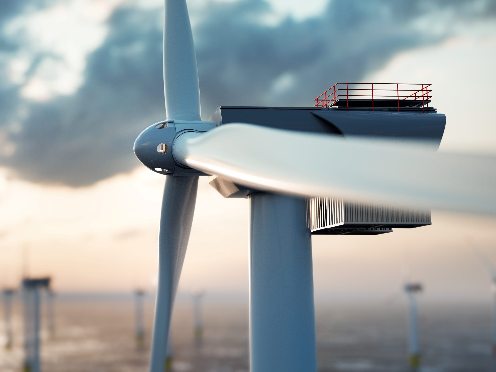 Offshore wind power and energy farm with many wind turbines on the ocean. 