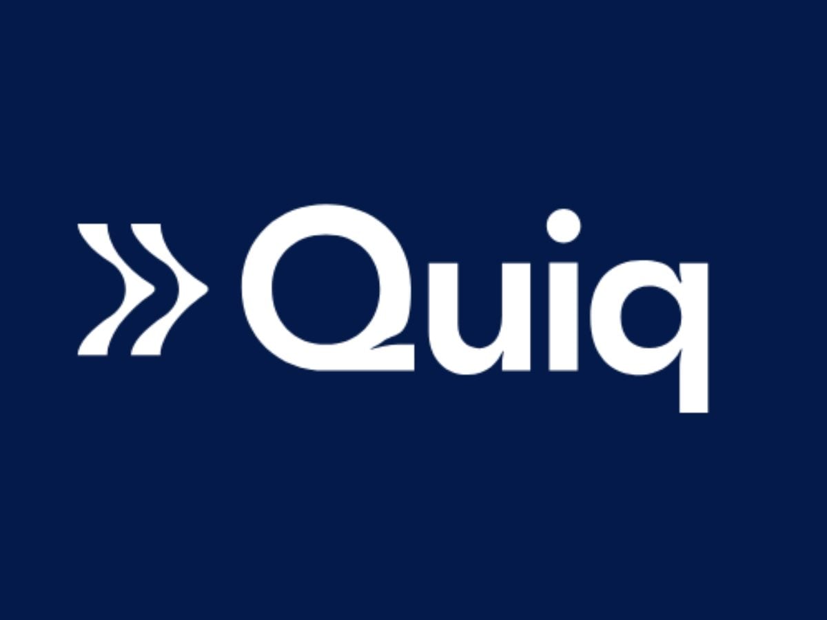 Quiq logo in white on a dark blue background, featuring a stylized double-arrow icon to the left of the company name.