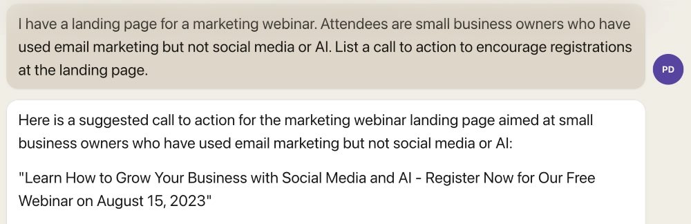 A Claude query as an example of using AI in marketing to enhance calls to action.