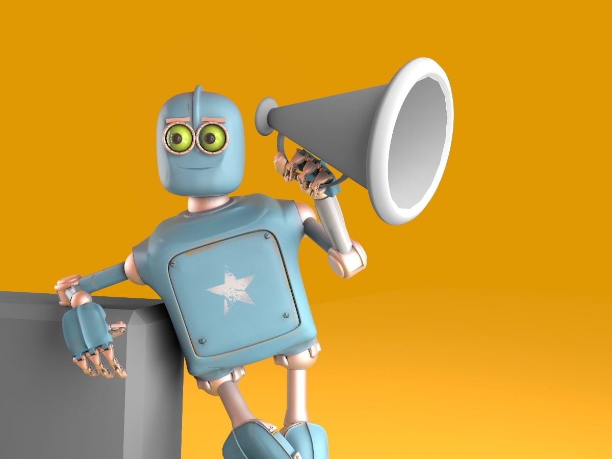 Cartoon-style blue robot holding a megaphone against an orange background.