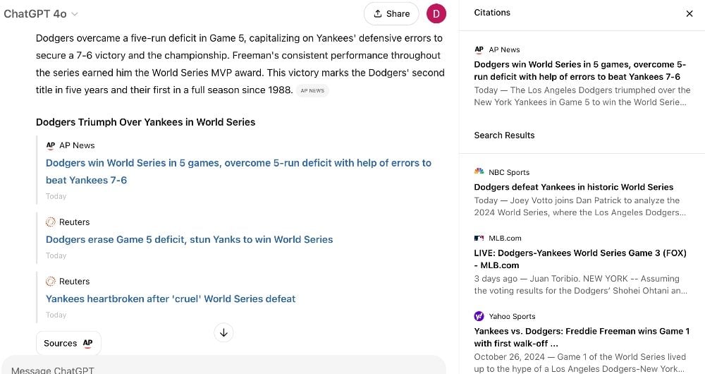 Screenshot of the new ChatGPT Search user interface showing text and links as a result of a search for "Yankees Dodgers"