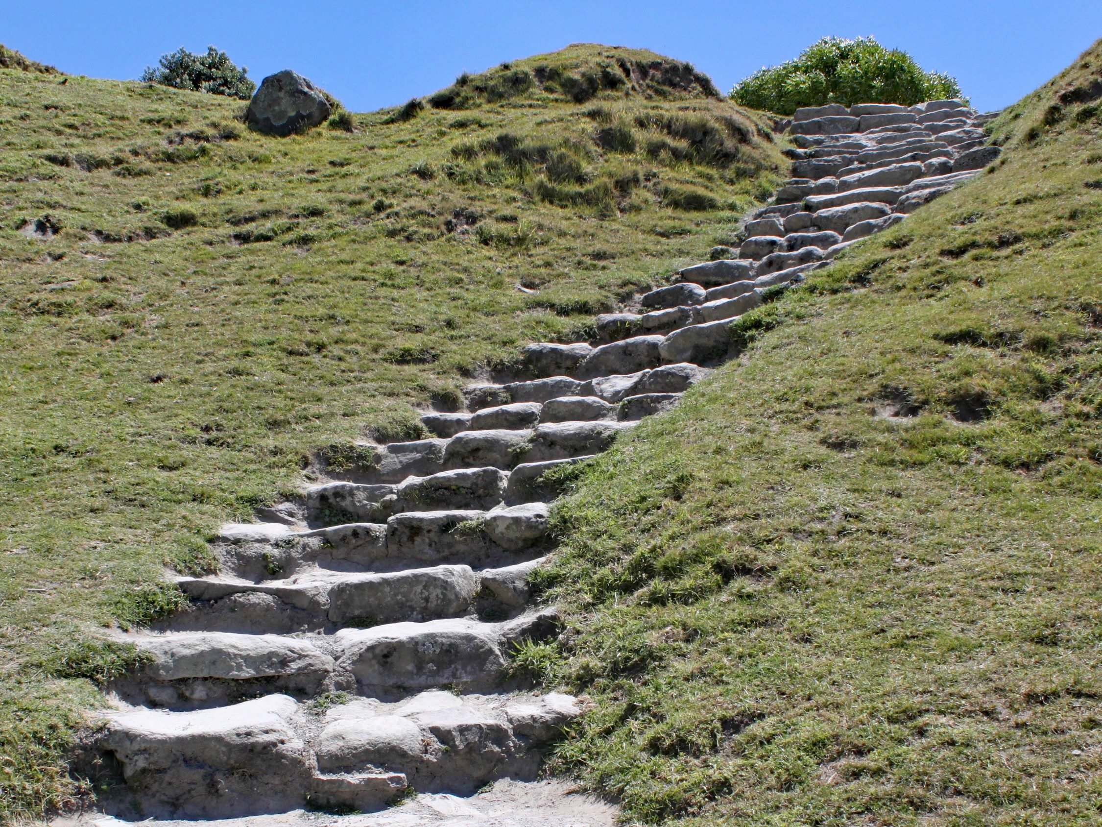 Stone steps cut into a grassy bank leading up the hillside to the summit.