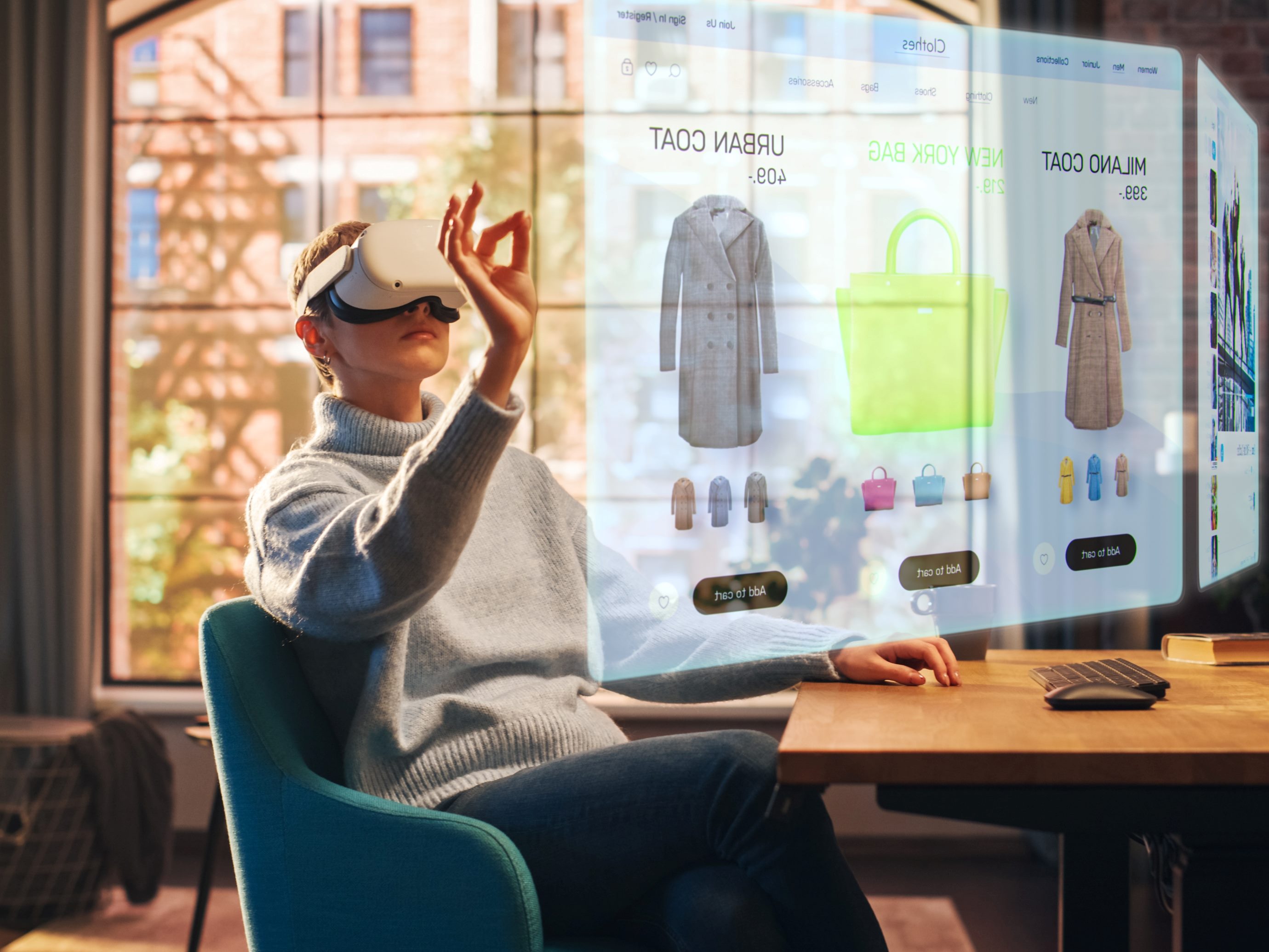 A Woman Uses a Virtual Reality Headset for Online Shopping In Stylish Loft Apartment. A projection of the shopping choices she is looking at hangs in the space in front of her and a large arched window is visible in the background.  in front of her 