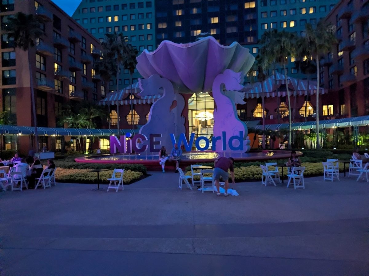 Scene with big NiCE World sign outside the Walt Disney Dolphin Resort in Orlando, Fla.