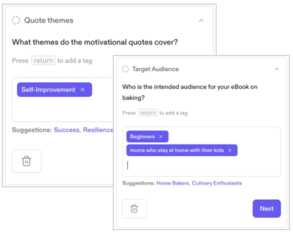 Screenshot showing Perplexity AI-style interface with step-by-step input cards. One card asks “What themes do the motivational quotes cover?” with a tag “Self-Improvement,” and another asks “Who is the intended audience for your eBook on baking?” with tags “Beginners” and “moms who stay at home with their kids.”