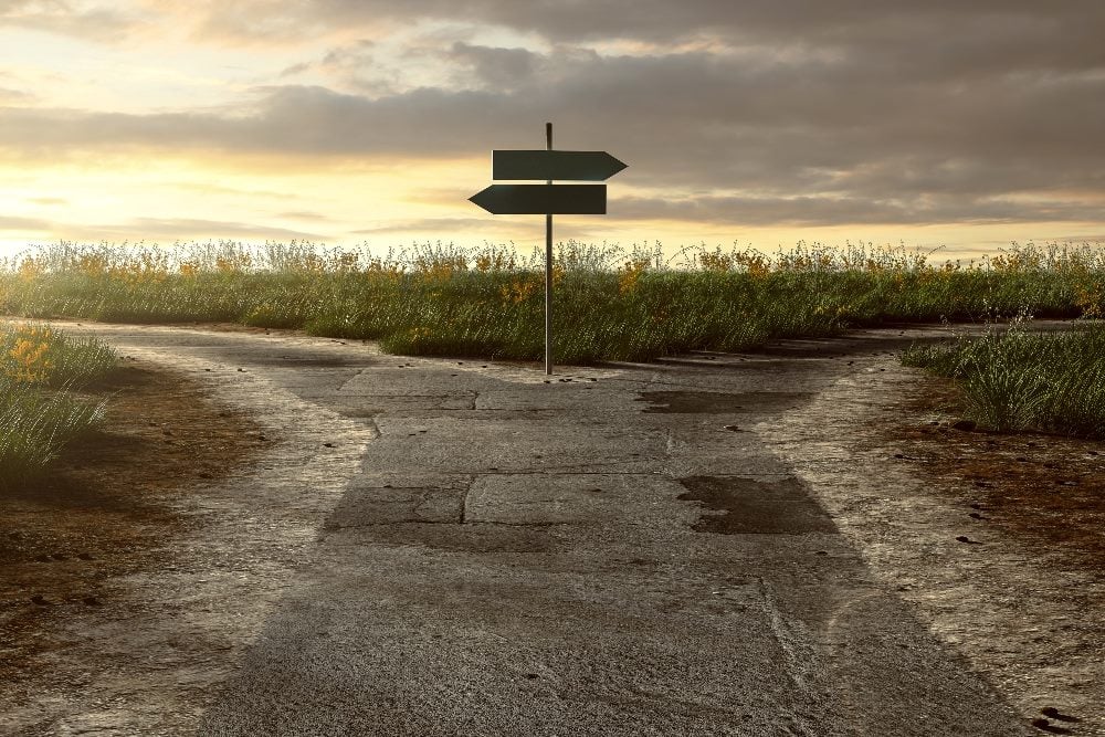 Two roads meet and diverge with signs pointing both direction in piece about the current state of the digital customer experience in 2024