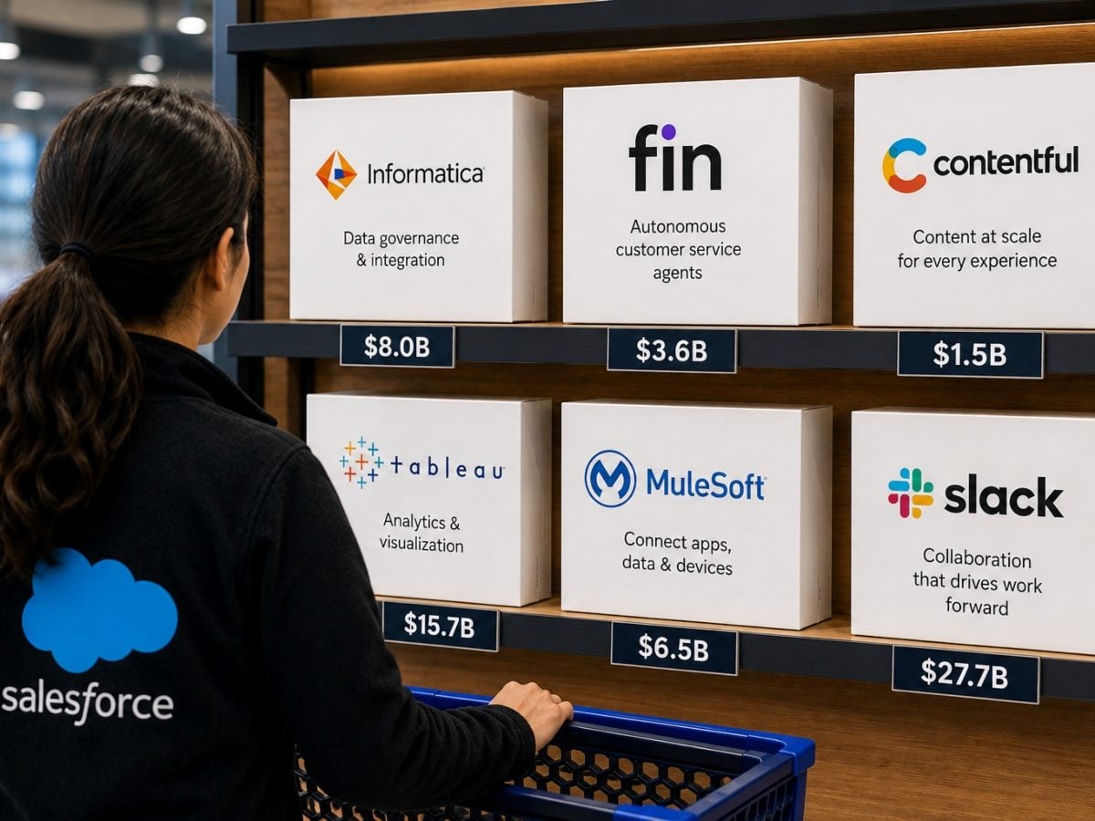 In an image generated with AI, a Salesforce employee, viewed from behind while pushing a shopping cart, browses a retail-style shelf stocked with oversized boxes representing key Salesforce acquisitions. The boxes are labeled Informatica ($8.0B), Fin ($3.6B), Contentful ($1.5B), Tableau ($15.7B), MuleSoft ($6.5B) and Slack ($27.7B), visually depicting Salesforce's acquisition strategy and its effort to assemble an enterprise AI platform.