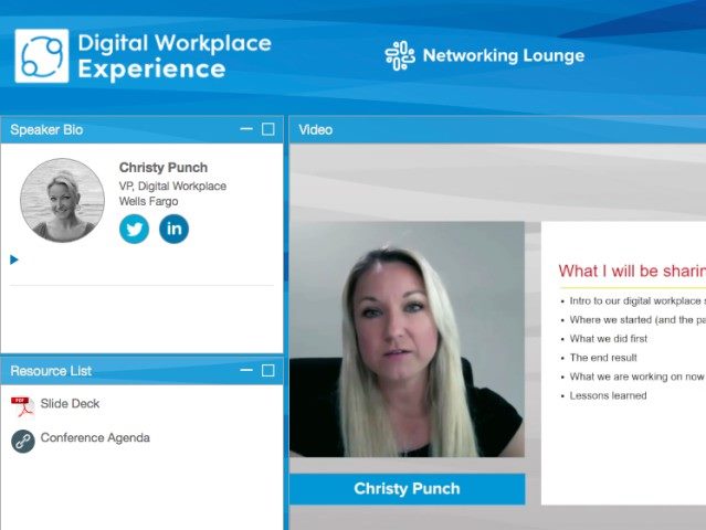 A screenshot from the Digital Workplace Experience virtual conference presentation of Wells Fargo Digital Workplace VP Christy Punch.