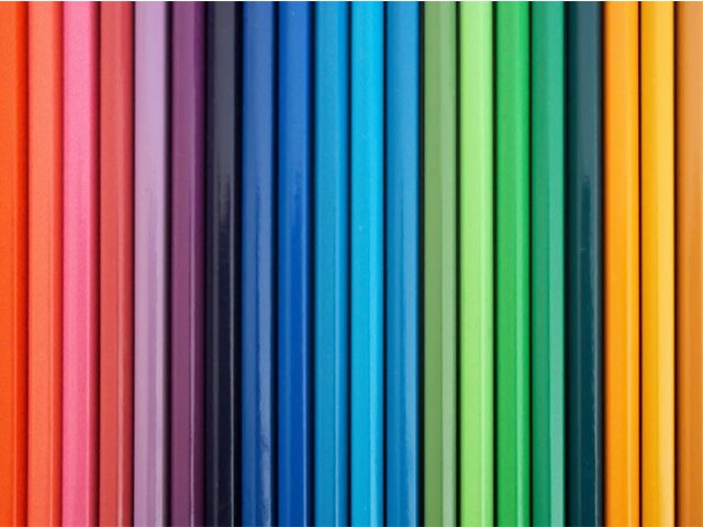 A variety of colored pencils lined up 