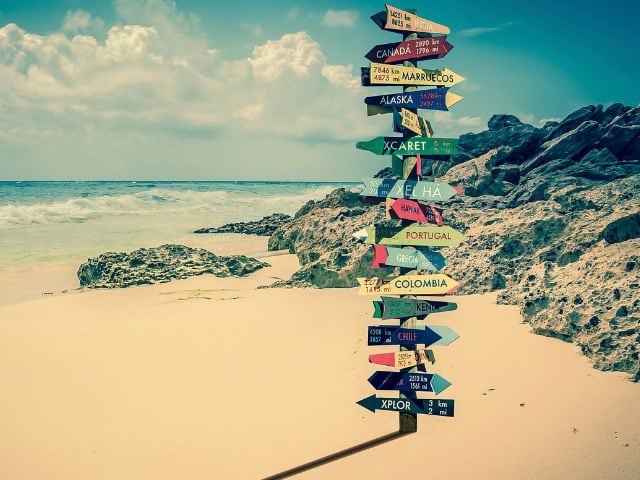 A sign post on a beach.