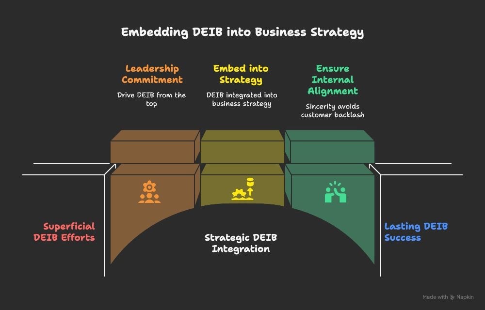 Diagram showing the path from superficial DEIB efforts to lasting DEIB success through leadership commitment, business strategy integration, and internal alignment.