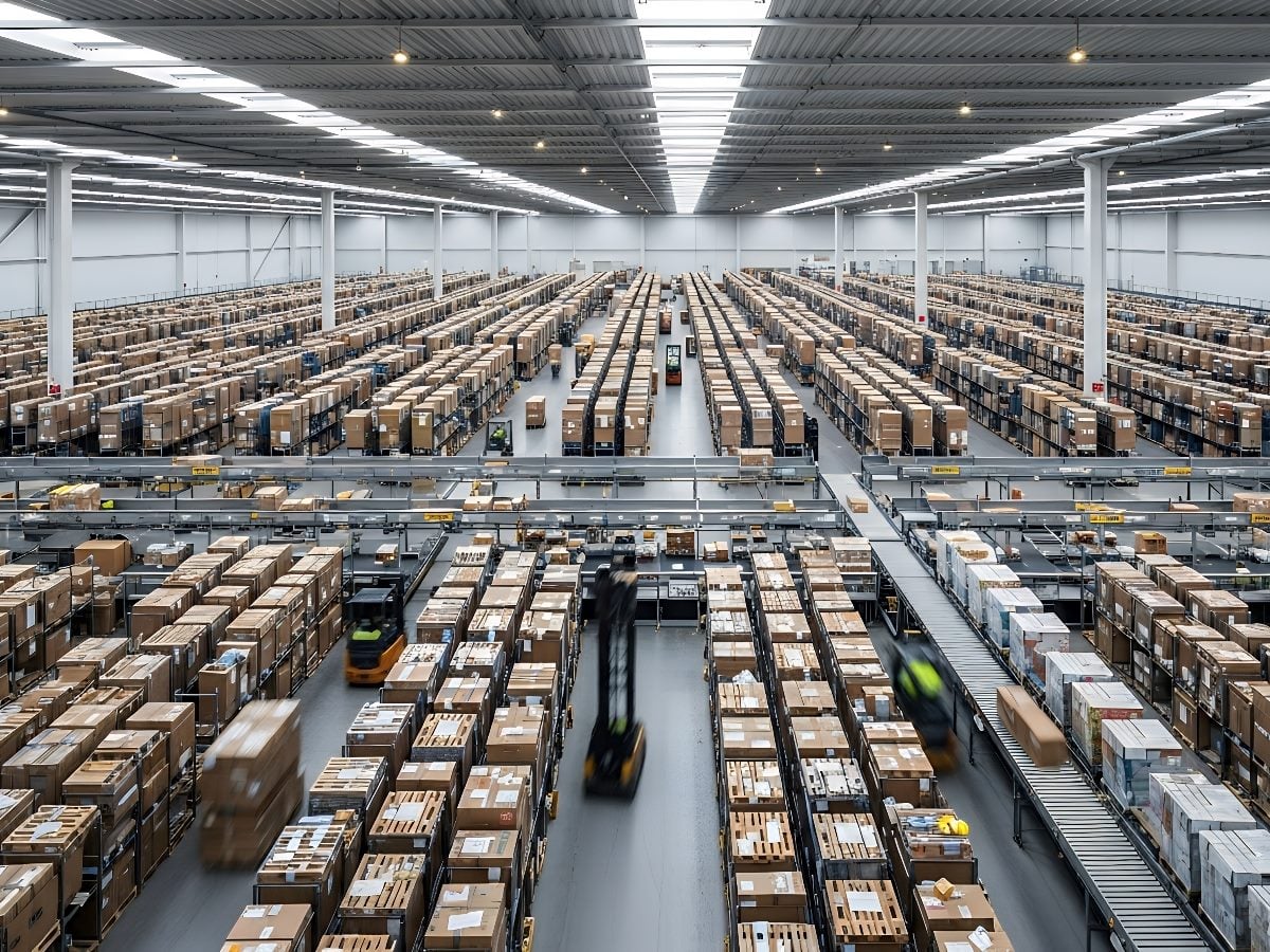 A vast modern warehouse stretches deep into the distance, filled with long rows of shelves stacked with cardboard boxes, conveyor systems and a few workers in high-visibility jackets, conveying large-scale logistics and fulfillment operations.