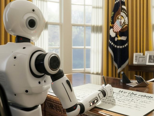  AI robot president of the United States in the Oval Office writing a new constitution that starts with "We the Robots," in an image generated by AI.