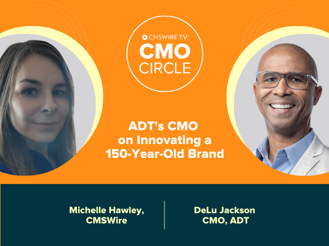 Orange background thumbnail for CMO Circle interview. The image shows a circular image of the host, Michelle Hawley and guest, DeLu Jackson, CMO of ADT.