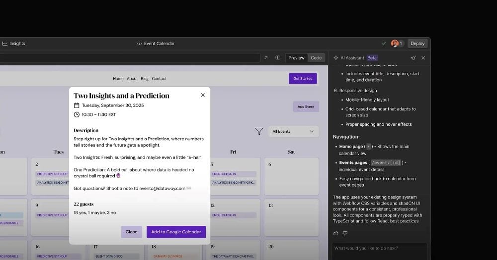 A Webflow App Gen interface displaying an event calendar with a pop-up for “Two Insights and a Prediction,” showing event details, guest count and options to add the event to Google Calendar.