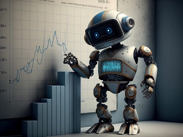 A robot displays a progress graphing chart behind him with a 3D bar graph below it, suggesting improvements AI is making in CX KPIs.