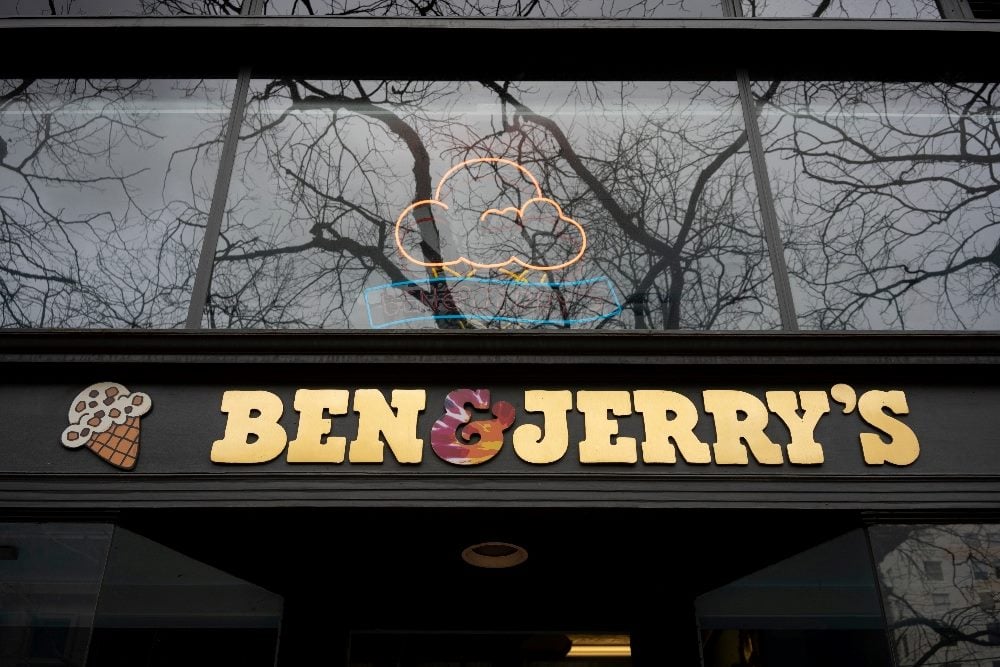 The Ben and Jerry's sign seen at the entrance to the downtown Portland location of Ben and Jerry's, a Vermont company that makes ice cream, frozen yogurt, and sorbet in piece about brand voice.