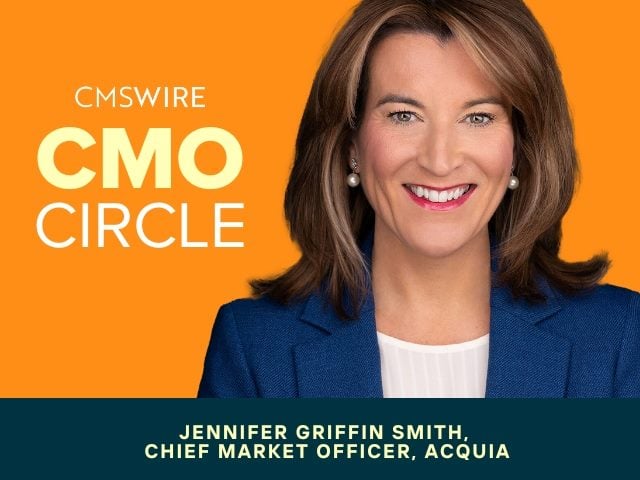 Featured image with "CMSWire CMO Circle" written on the left, "Jennifer Griffin Smith, Chief Market Officer, Acquia" on the bottom, and Jennifer's headshot to the right, representing a discussion on marketing leadership.