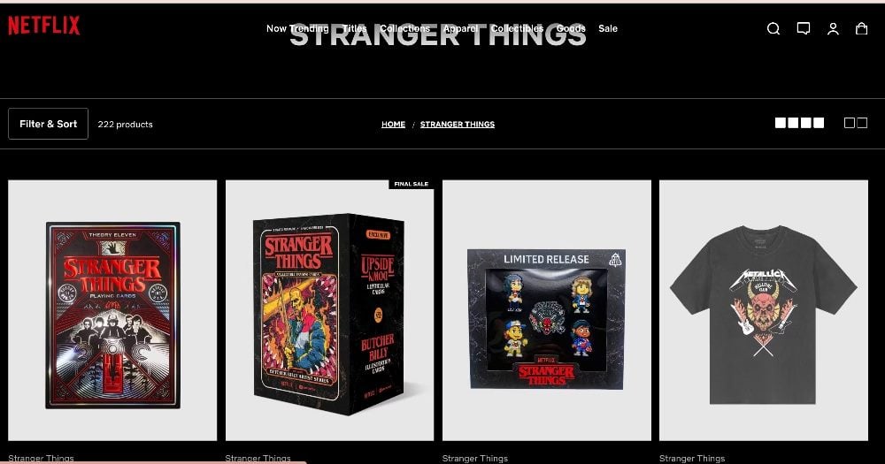 A screen shot of Netflix ecommerce webstore offering products tied to its hit series "Stranger Things," in piece about product placement in streaming services.