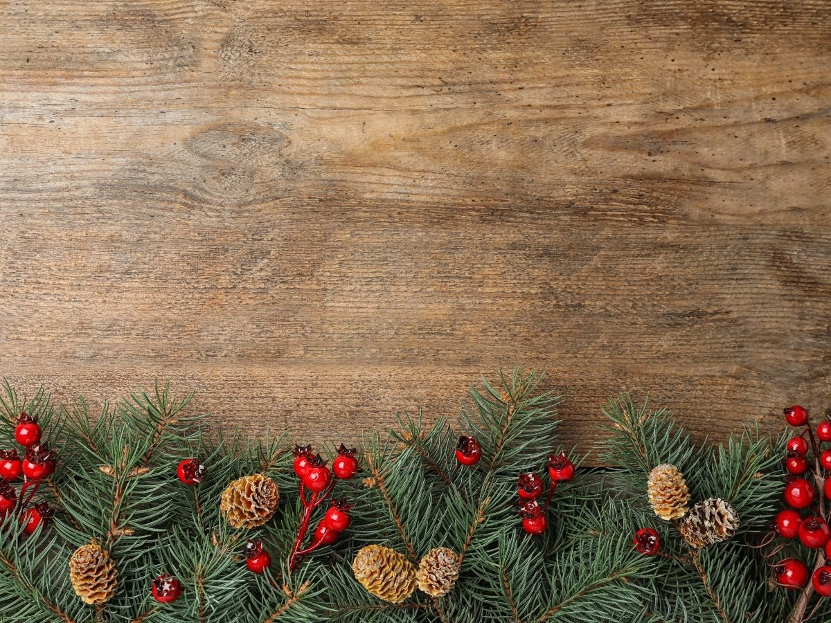 Holiday greenery with pine branches, red berries and small pinecones arranged along the bottom edge of a rustic wooden background.