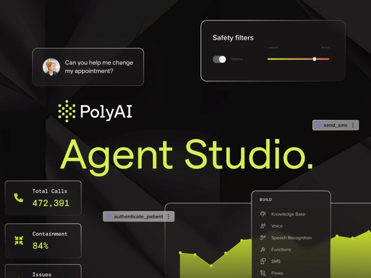 PolyAI Agent Studio interface showing voice AI controls, safety filters, analytics metrics such as total calls and containment rate, and tools for building enterprise conversational agents.