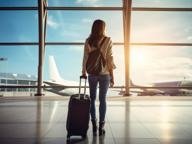 A woman tourist with luggage waiting in the airport terminal.