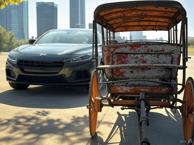 A carriage next to a modern car