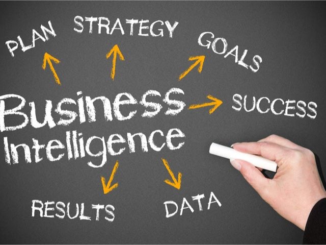 A business person modeling the different elements necessary to achieve business intelligence. BI technology