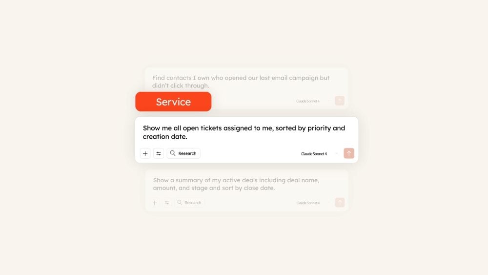 A screenshot of HubSpot’s Claude connector interface, showing a natural language query: “Show me all open tickets assigned to me, sorted by priority and creation date,” powered by Anthropic’s Claude Sonnet 4.