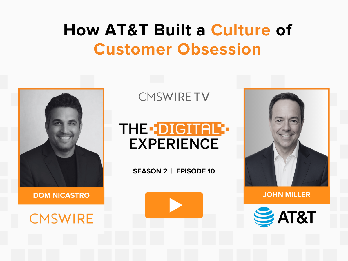 White pixelated background with two rectangular black and white heatshots of CMSWire TV's host Dom Nicastro and guest John Miller