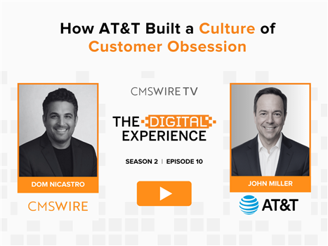 White pixelated background with two rectangular black and white heatshots of CMSWire TV's host Dom Nicastro and guest John Miller