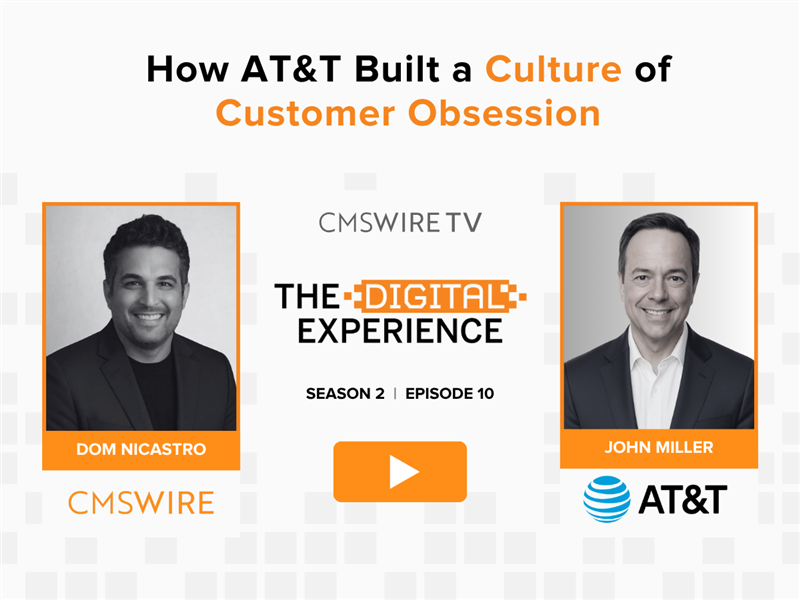 White pixelated background with two rectangular black and white heatshots of CMSWire TV's host Dom Nicastro and guest John Miller