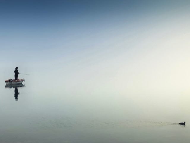 person in a boat  fishing on still mist covered  water, a  duck  swims  in the corner of the frame