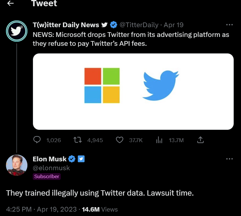 Elon Musk tweet threatening to sue Microsoft over illegal use of Twitter data.