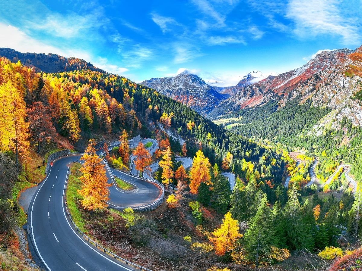 A winding mountain road curves through a valley filled with vibrant autumn foliage in shades of orange, yellow, and green surrounded by tall peaks under a bright blue sky.
