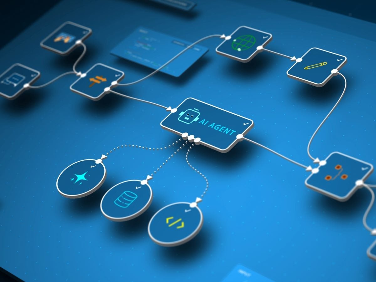 Illustration of an AI agent workflow diagram on a blue digital interface, showing connected nodes, automation pathways and data flow between systems, applications and AI-driven tasks.