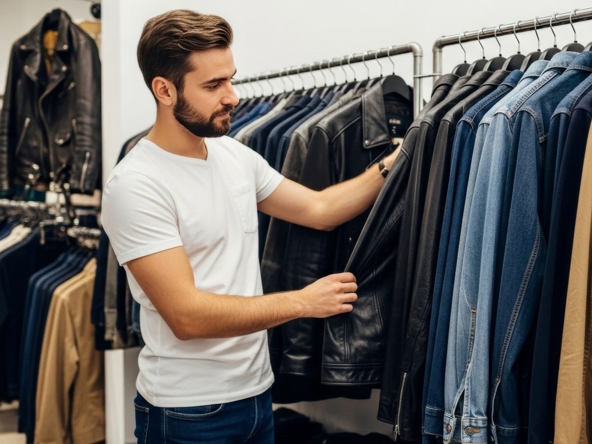 A man with short brown hair and a beard browses a clothing rack in a store, holding the sleeve of a black leather jacket while wearing a white T-shirt and jeans.