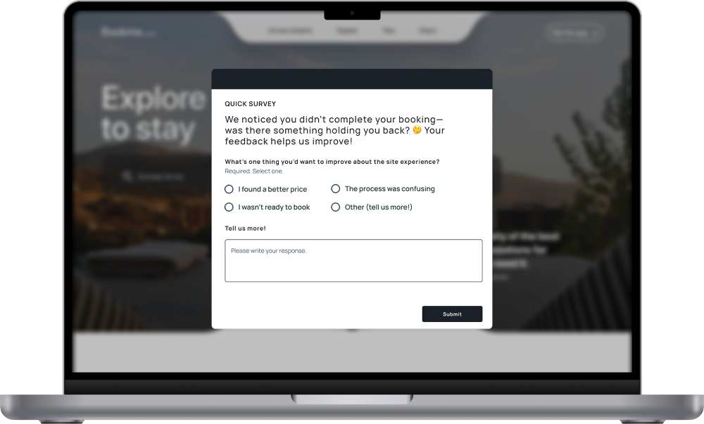 Alchemer survey pop-up displayed on a laptop screen asking a user why they did not complete a booking, with multiple-choice and open-text feedback options.