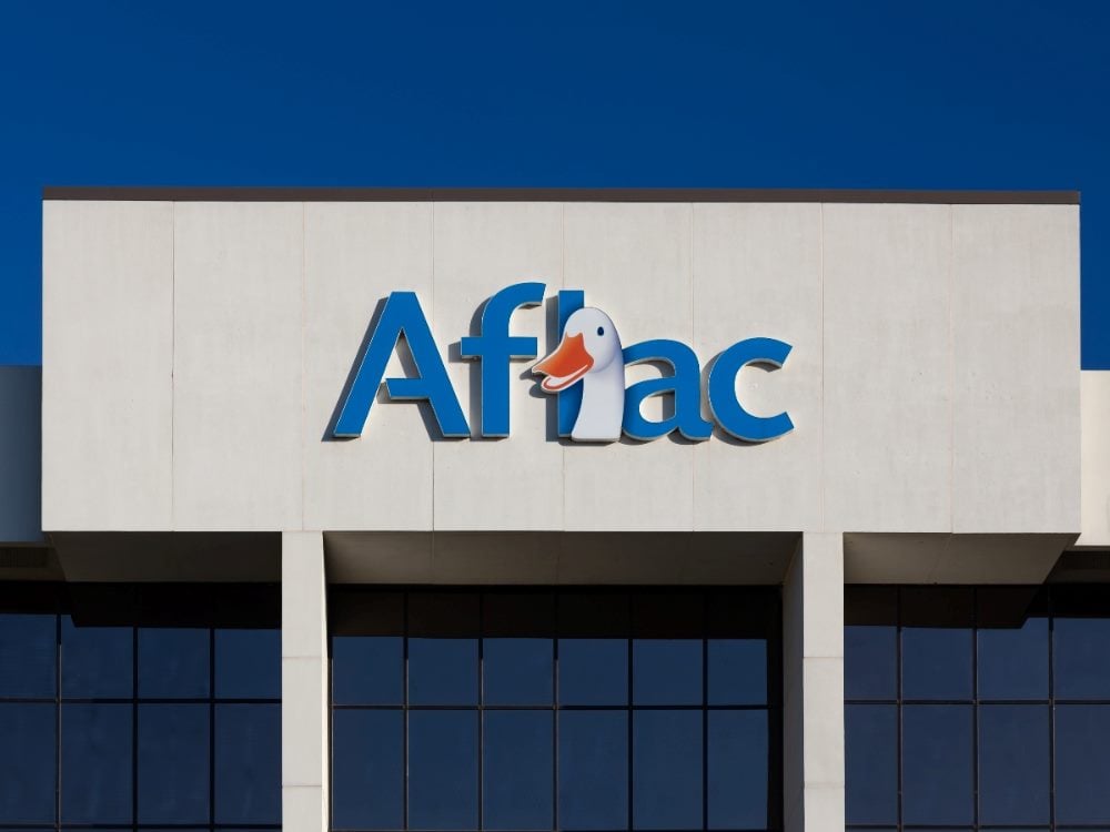Aflac building with logo and company name on building.