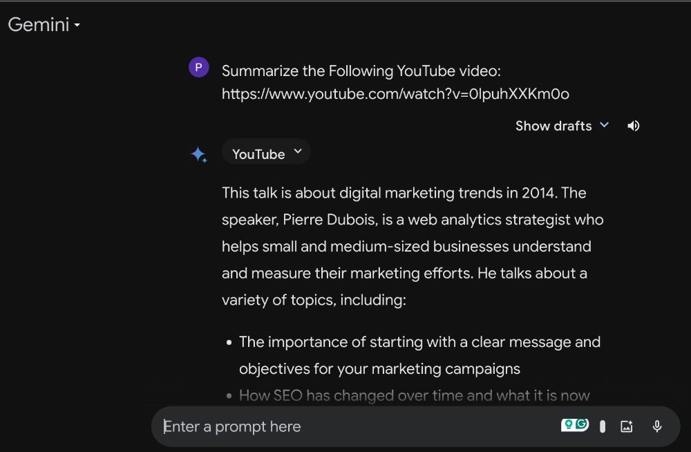 A screen shot of the prompt and response summarization in the Gemini YouTube Extension.